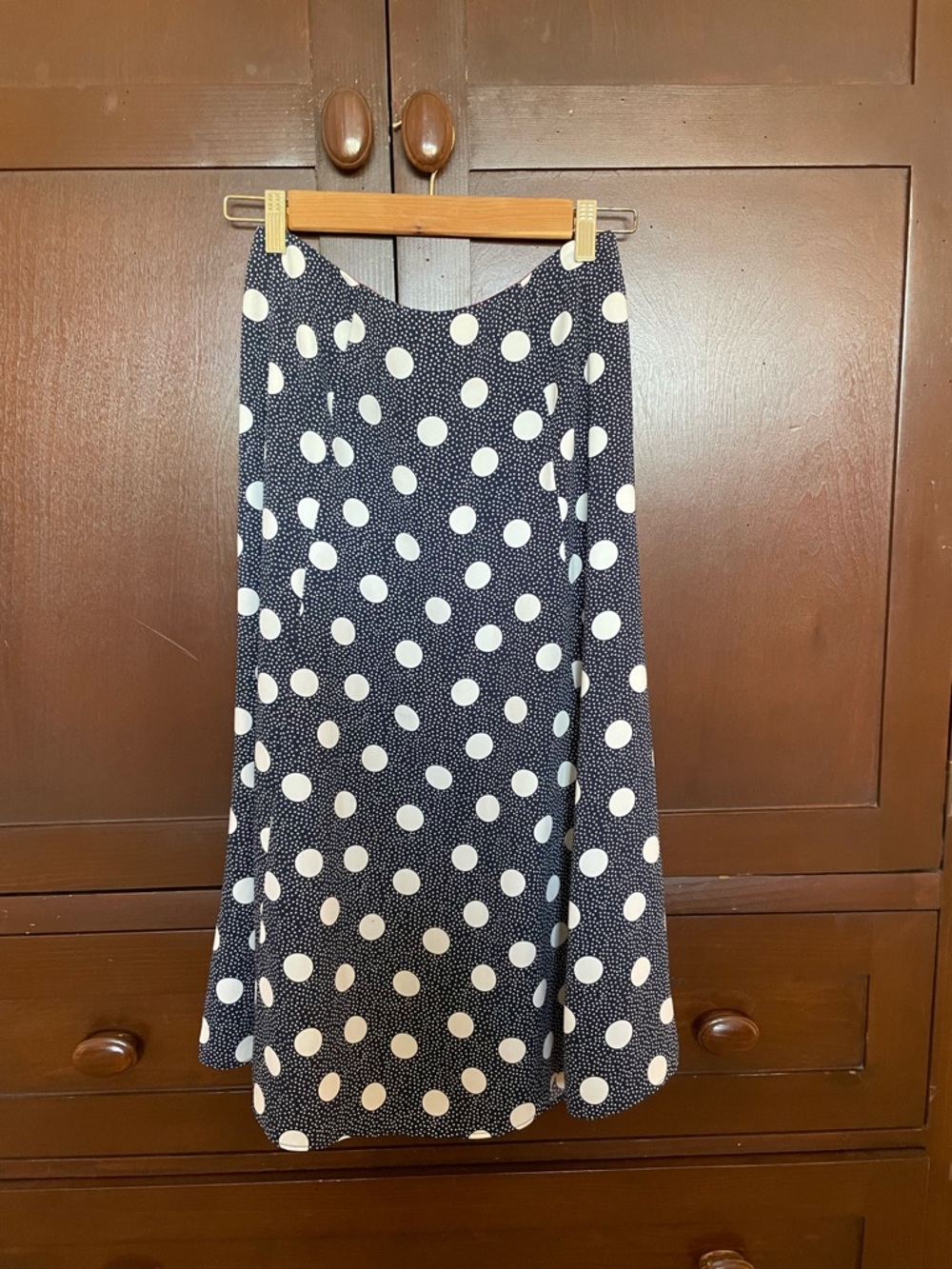 Boden Navy Polka Dot Midi Skirt with Red Trim